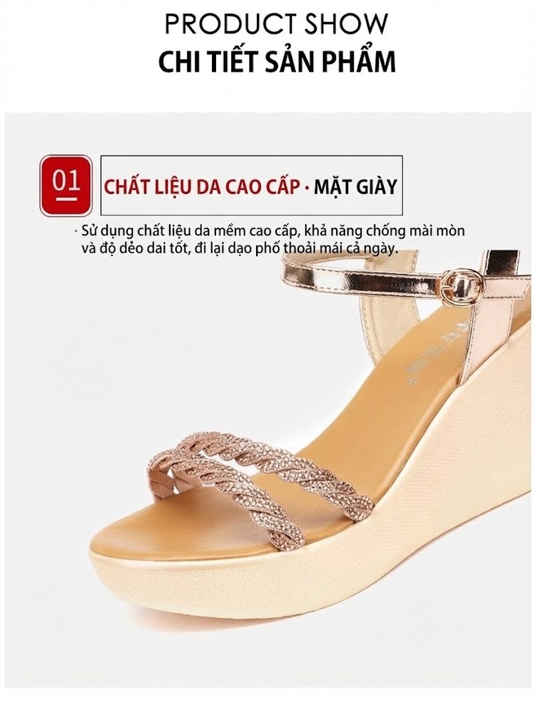 Dép Sandal Nữ Đế Xuồng Quai Hậu Đính Đá Đế Cao 5cm - 6cm Màu Vàng, Đen, Bạc chi tiết 7