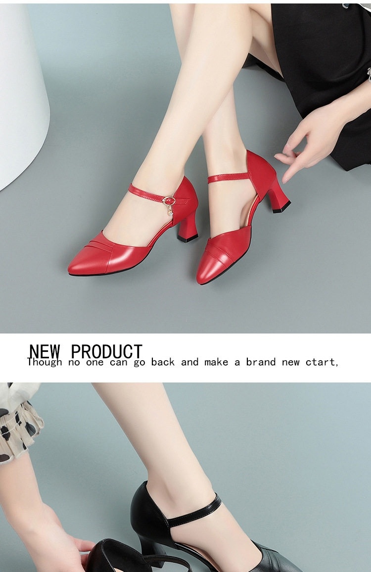 Giày Sandal Cao Gót Nữ Bít Mũi Quai Ngang Gót Vuông Da Bóng Gót Cao 7cm - 8cm Màu Đỏ, Kem, Đen chi tiết 6