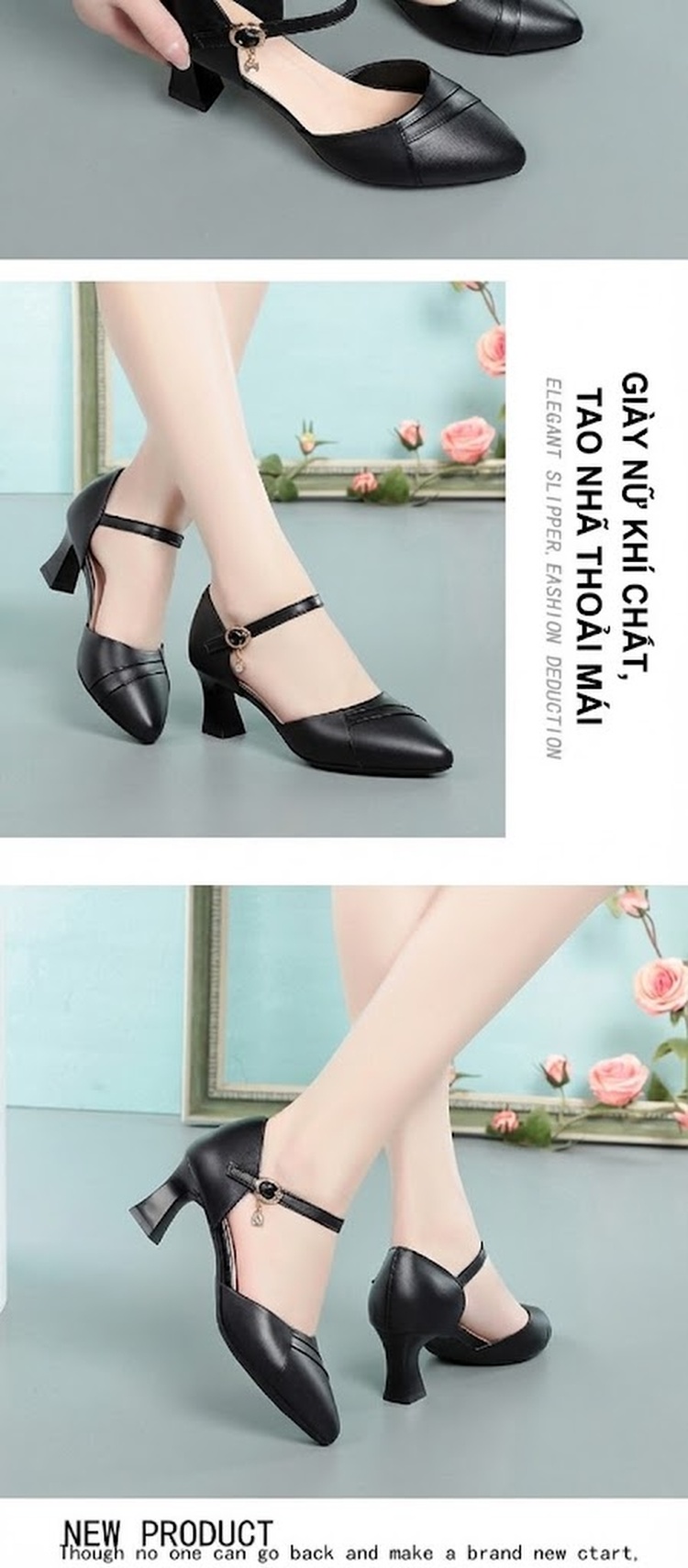 Giày Sandal Cao Gót Nữ Bít Mũi Quai Ngang Gót Vuông Da Bóng Gót Cao 7cm - 8cm Màu Đỏ, Kem, Đen chi tiết 7
