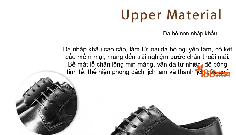 Giày Tây Buộc Dây Nam Da Bò Chiều Cao Đế Khoảng 3cm Màu Đen, Nâu chi tiết 1