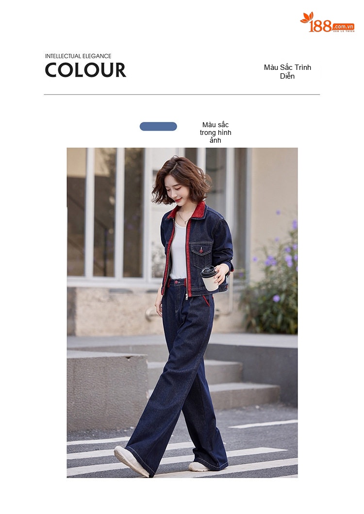 Set Áo Khoác Jean Nữ Cổ Bẻ Tay Dài Quần Ống Rộng Màu Xanh Jean chi tiết 5