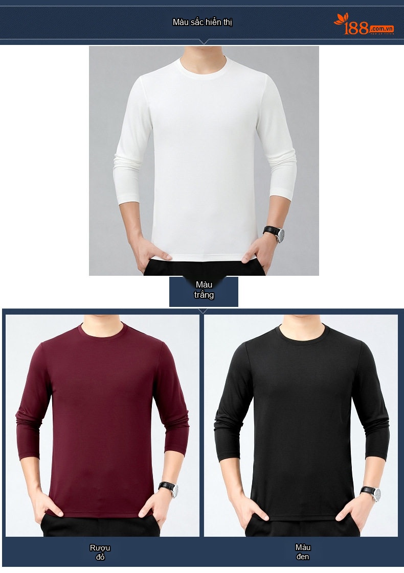 Áo Thun Tay Dài Nam Lụa Tằm Tơ Chống Nhăn Dáng Rộng Màu Trắng, Xanh Dương, Đen, Đỏ Rượu Vang... chi tiết 2