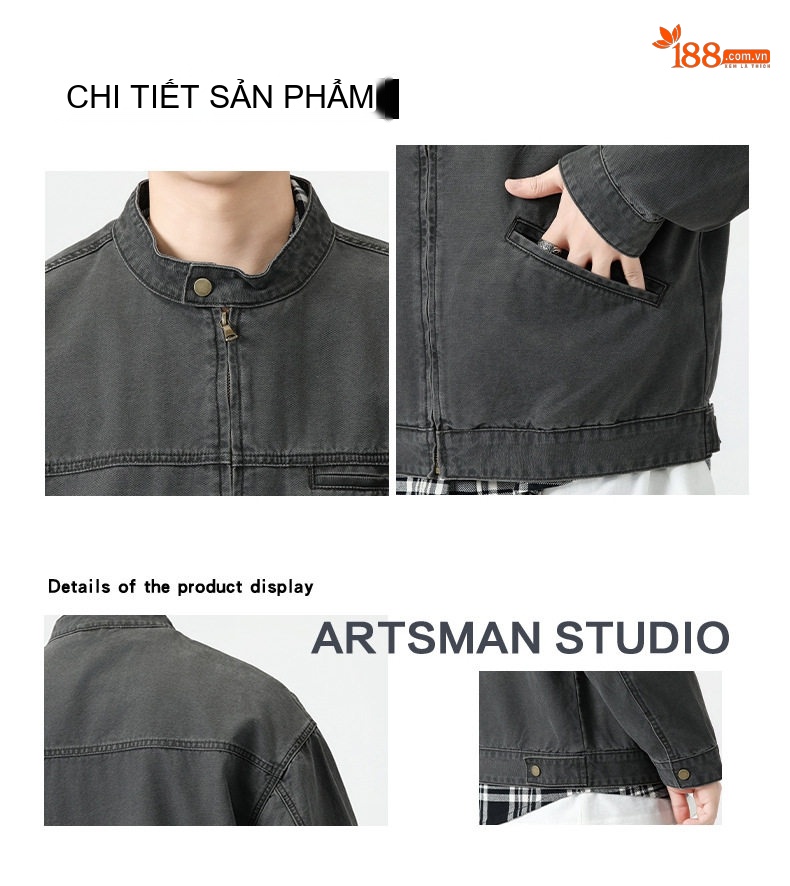 Áo Khoác Jean Nam Cao Cấp Form Rộng Phong Cách Retro Màu Xám Đen chi tiết 4