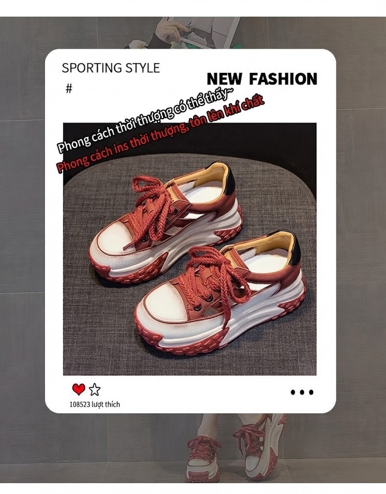 Giày Sneaker Nữ Da Thật Lỗ Thoáng Khí Đế Dày Chiều Cao Đế Khoảng 5cm Màu Đỏ, Trắng, Vàng, Đen... chi tiết 3