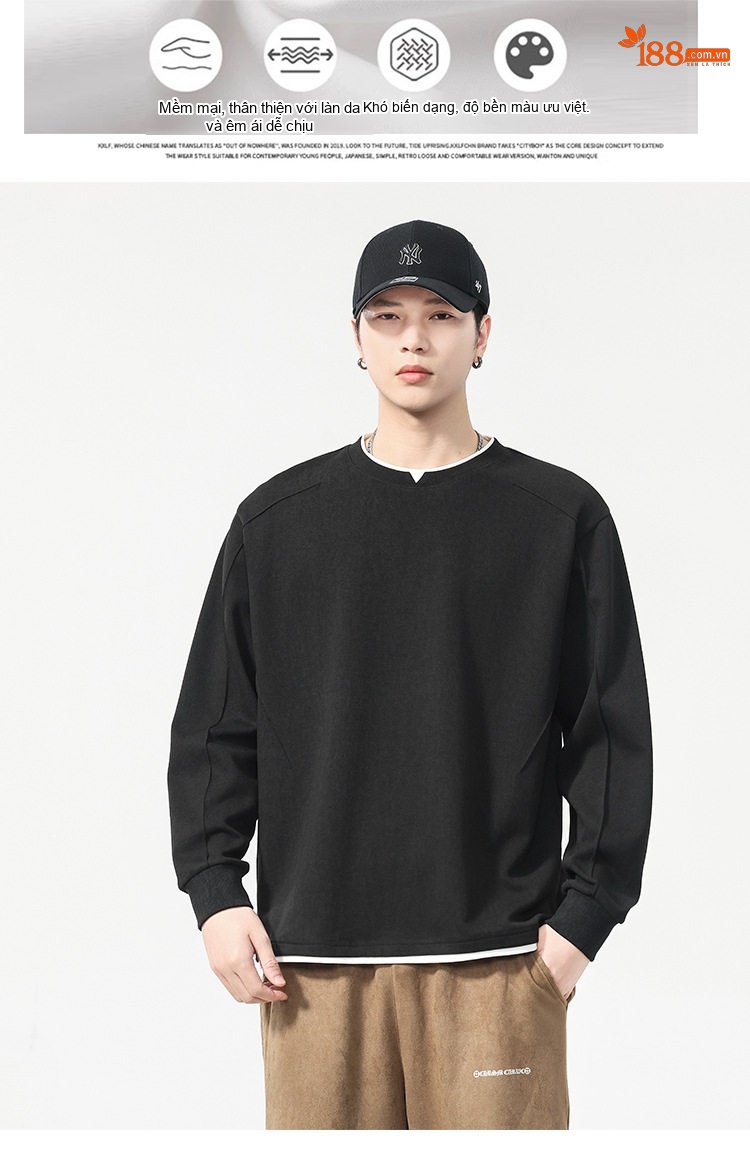 Áo Thun Nam Tay Dài Giả Hai Lớp Cổ Tròn Cotton Dáng Rộng Màu Đen, Xám chi tiết 5