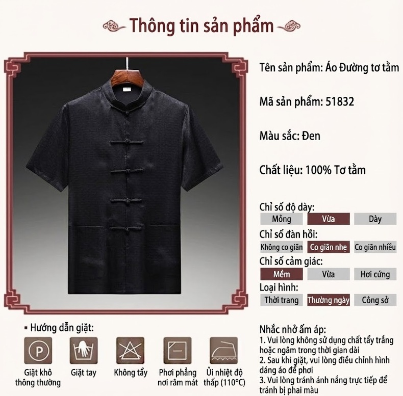 Áo Sơ Mi Tay Ngắn Nam Lụa Tơ Tằm Hương Vân Sa Cổ Điển Khuy Cài Phong Cách Trung Quốc Màu Đen chi tiết 8