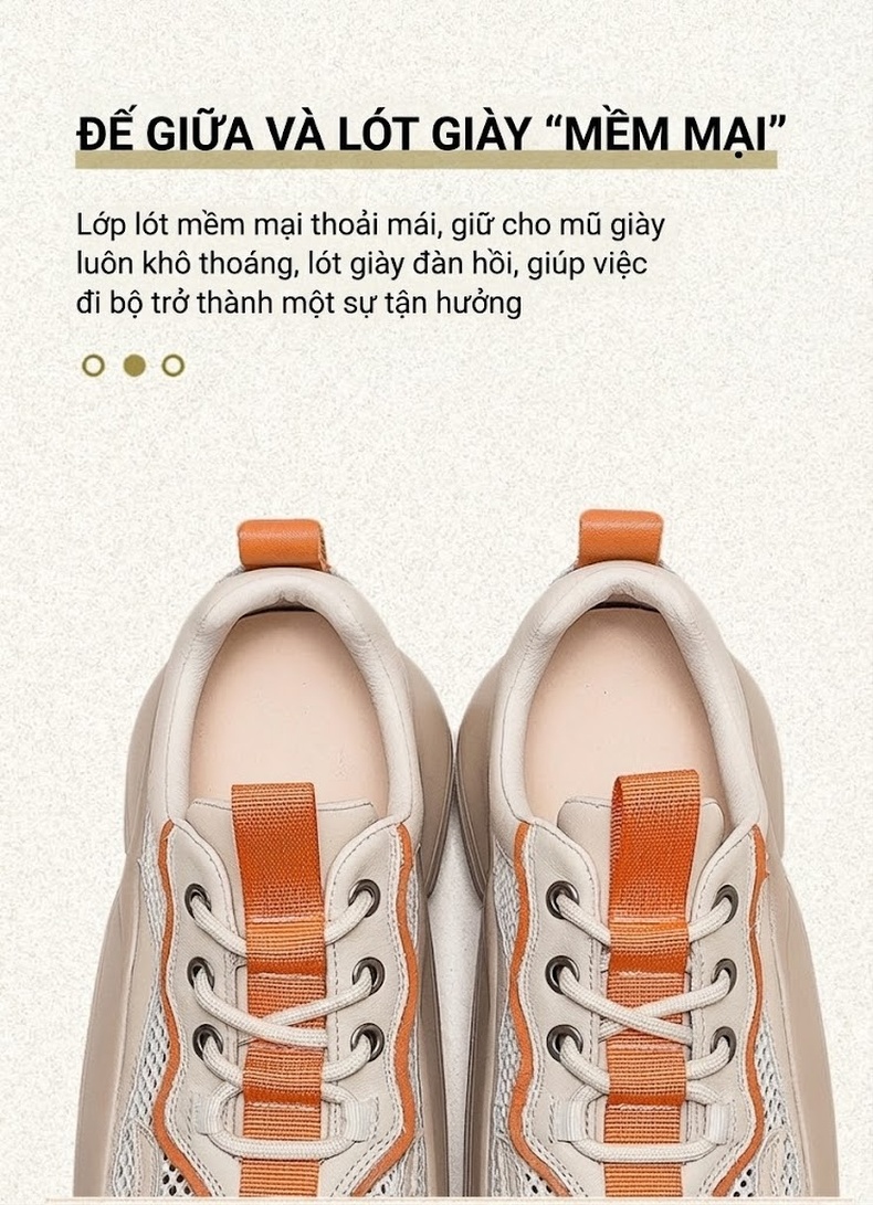 Giày Thể Thao Nữ Da Bò Phối Lưới Buộc Dây Đế Bánh Mì Đế Cao 4cm - 5cm Màu Kem, Xanh Lá, Cam chi tiết 7