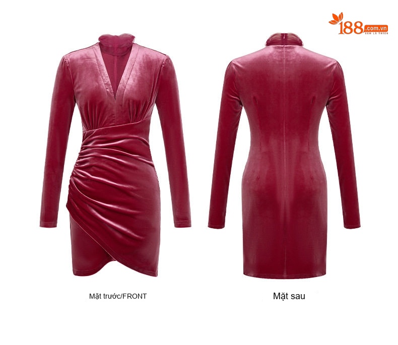 Váy Ôm Body Nữ Tay Dài Cổ Chữ V Xếp Ly Bất Đối Xứng Lưới Pháp Thu Đông Màu Đỏ chi tiết 5
