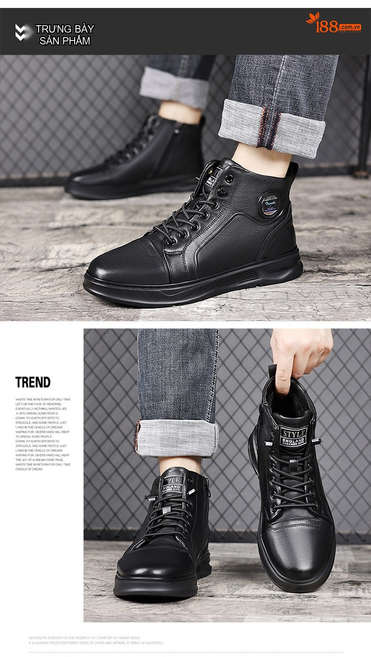 Giày Boot Nam Cao Cổ Da Thật Lót Lông Chiều Cao Đế Khoảng 3cm Màu Đen chi tiết 9