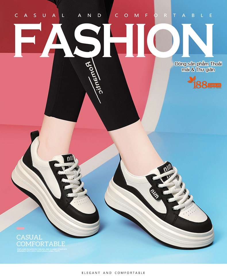 Giày Thể Thao Nữ Da Thật Kiểu Dáng Sneaker Chiều Cao Đế Khoảng 4cm Màu Trắng, Đen chi tiết 7