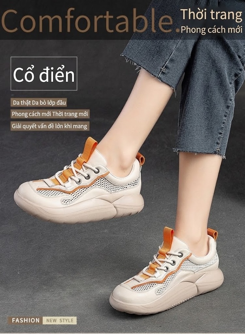 Giày Thể Thao Nữ Da Bò Phối Lưới Buộc Dây Đế Bánh Mì Đế Cao 4cm - 5cm Màu Kem, Xanh Lá, Cam chi tiết 1