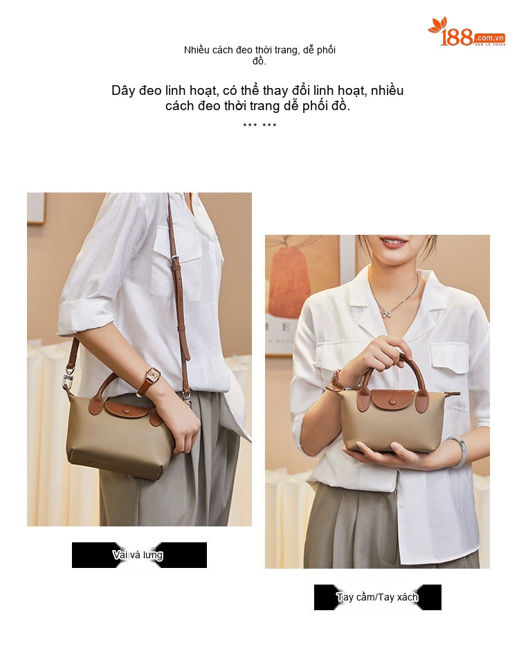 Túi Xách Tay Nữ Da Bò Lớp Đầu Đeo Vai Đeo Chéo Mini Màu Xám Voi, Đen, Bánh Quy chi tiết 3