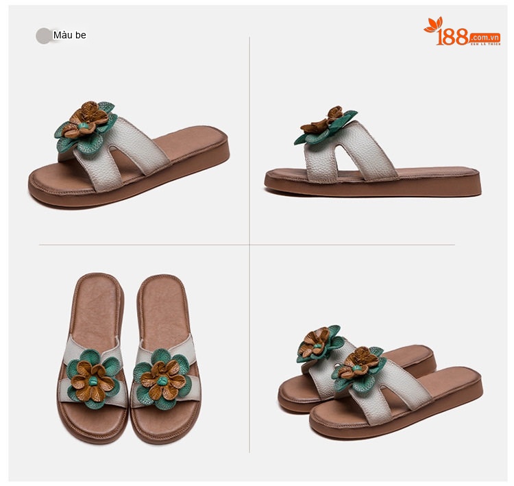 Dép Quai Ngang Nữ Da Bò Trang Trí Hoa Chiều Cao Đế Khoảng 2cm Màu Nâu, Trắng chi tiết 18
