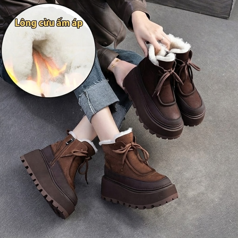 Boot Nữ Da Mờ Lông Cừu Non Mùa Đông Ấm Áp Chiều Cao Đế Khoảng 6cm Màu Nâu