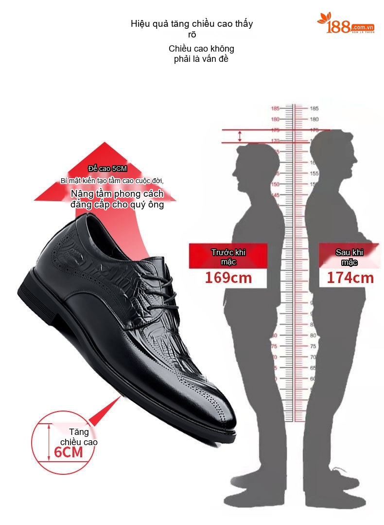 Giày Tây Buộc Dây Nam Da Bò Brogue Chiều Cao Đế 6cm Màu Đen chi tiết 4