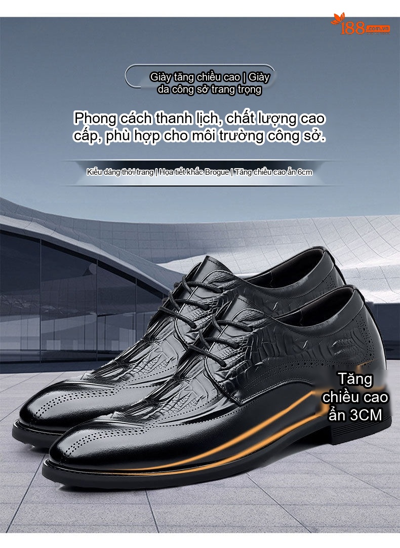 Giày Tây Buộc Dây Nam Da Bò Brogue Chiều Cao Đế 6cm Màu Đen chi tiết 5