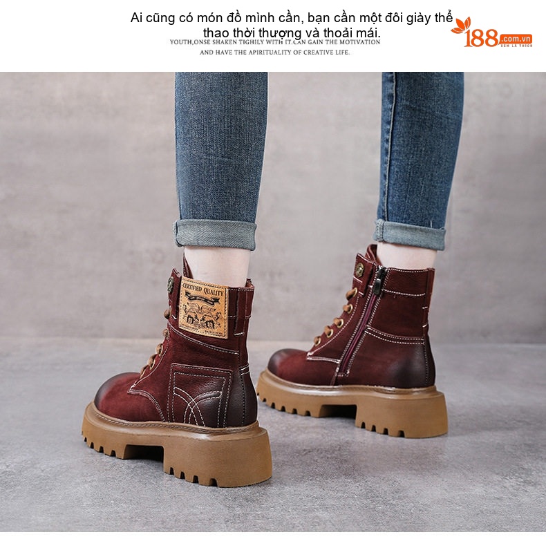 Boot Martin Nữ Da Bò Cổ Cao Đế Dày Phong Cách Retro Chiều Cao Đế Khoảng 5cm Màu Nâu, Đen, Đỏ... chi tiết 16