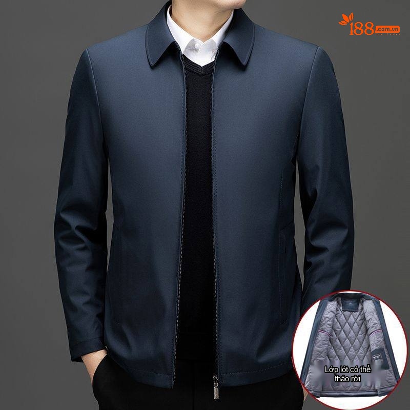 Áo Khoác Bông Nam Trung Niên Thu Đông Lót Tháo Rời Dáng Bomber Màu Xanh Navy, Be