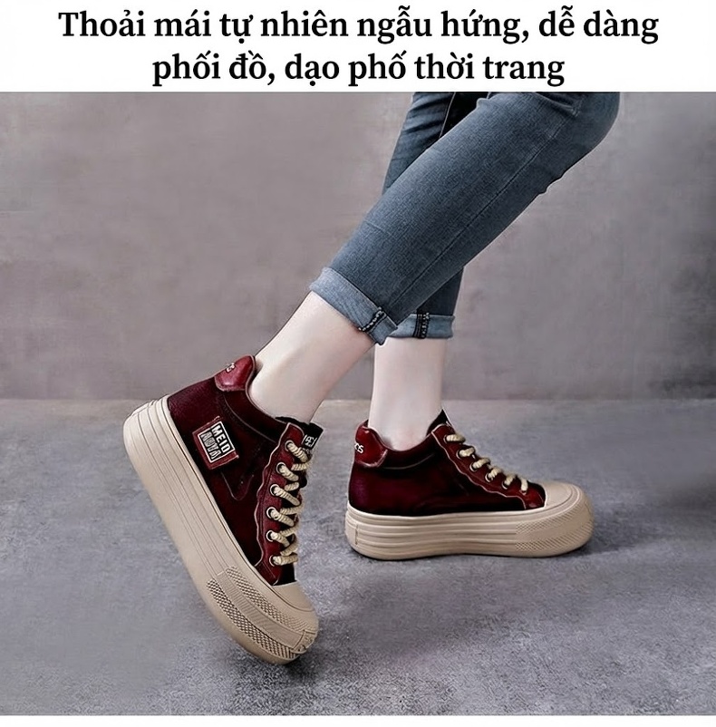 Giày Cao Cổ Nữ Da Bò Đế Bánh Mì Chiều Cao Đế Khoảng 4cm Màu Vàng, Nâu, Đỏ chi tiết 12