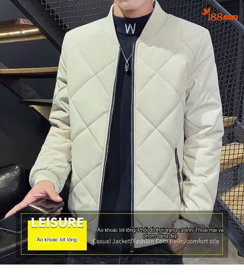 Áo Khoác Phao Nam Cotton Dày Dặn Lót Lông Cừu Giữ Ấm Kiểu Bomber Màu Đen, Xám, Kem chi tiết 10