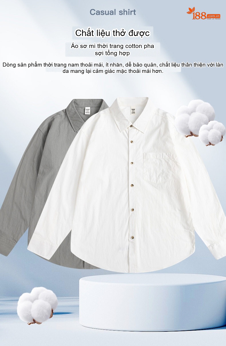 Áo Sơ Mi Dài Tay Nam Cotton Pha Polyester Mỏng Phong Cách Casual Màu Trắng, Đen, Xám, Xanh Quân Đội... chi tiết 1
