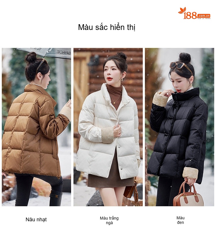 Áo Khoác Phao Nữ Cổ Trụ Tay Bo Chun Cúc Bấm Phong Cách Cổ Điển Lót Lông Vịt Trắng 90 Màu Nâu, Trắng, Đen chi tiết 10
