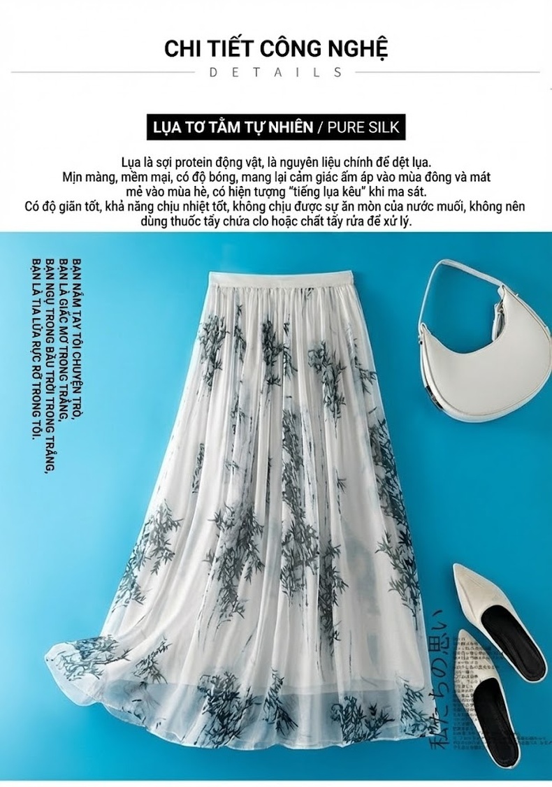 Chân Váy Midi Nữ Lụa Tơ Tằm Họa Tiết Bohemian Cạp Cao Màu Trắng chi tiết 6