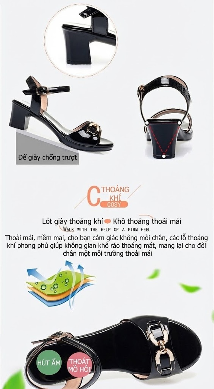 Giày Sandal Cao Gót Nữ Quai Ngang Da Bóng Gót Cao 7cm - 8cm Màu Đen, Kem chi tiết 5
