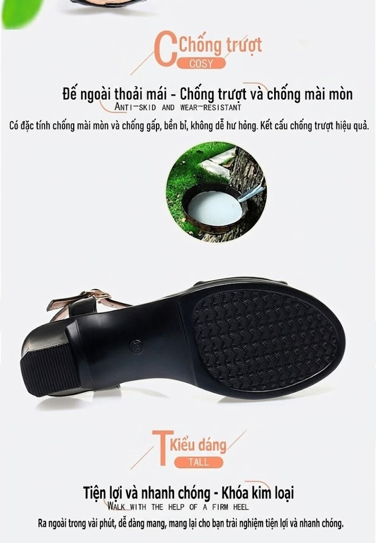 Giày Sandal Cao Gót Nữ Quai Ngang Da Bóng Gót Cao 7cm - 8cm Màu Đen, Kem chi tiết 6
