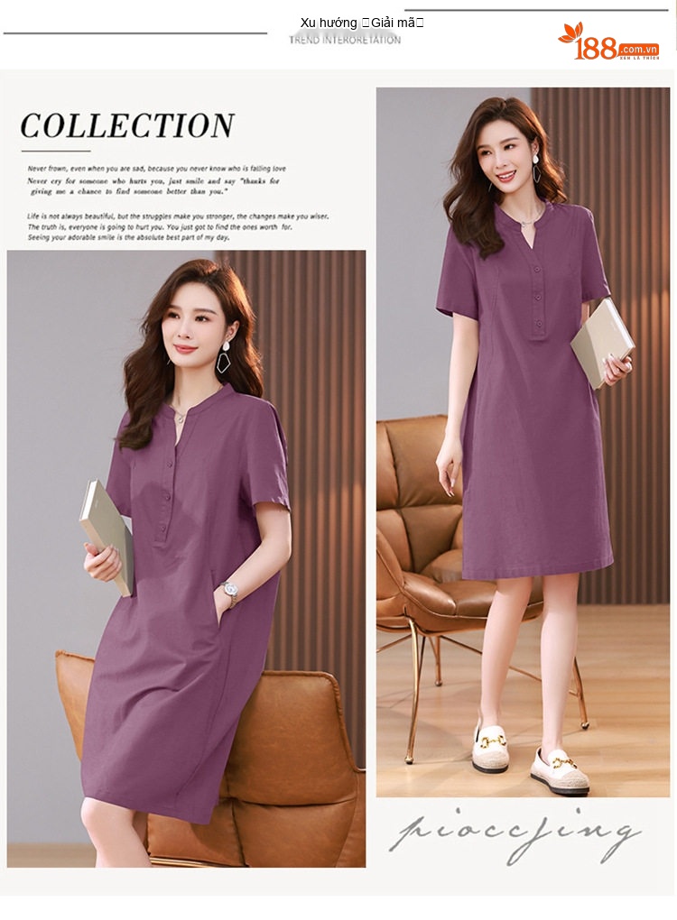 Váy Midi Nữ Cổ chữ V Tay Ngắn Phong Cách Retro Thanh Lịch Cotton Màu Xanh Rêu, Xanh Lá, Tím, Xanh Navy... chi tiết 3
