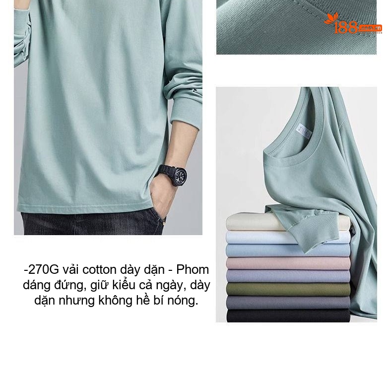Áo Thun Tay Dài Nam Cotton 270g Cổ Tròn Dáng Rộng Màu Xám, Trắng, Đen, Xanh... chi tiết 22