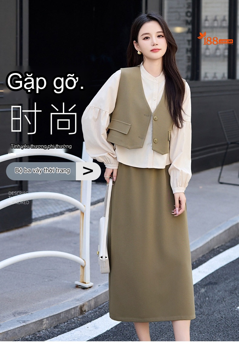 Set Bộ Vest Gile Nữ Áo Dài Tay Chân Váy Midi Thanh Lịch Màu Đen, Be, Xanh Olive chi tiết 1