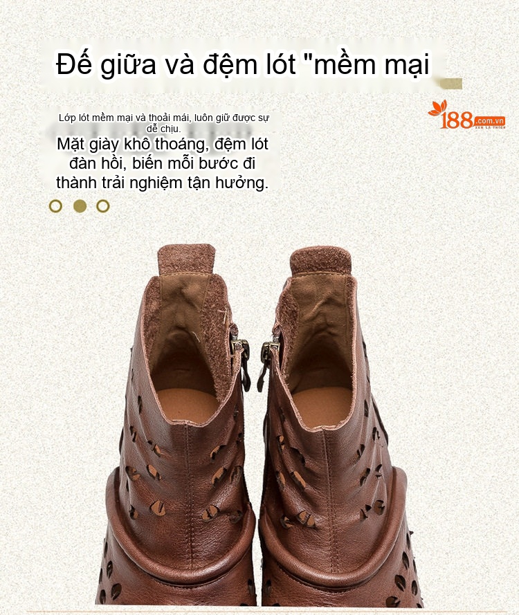 Boot Nữ Da Bò Cao Cổ Khoét Lỗ Thoáng Khí Chiều Cao Đế Khoảng 2cm Màu Nâu, Vàng chi tiết 7