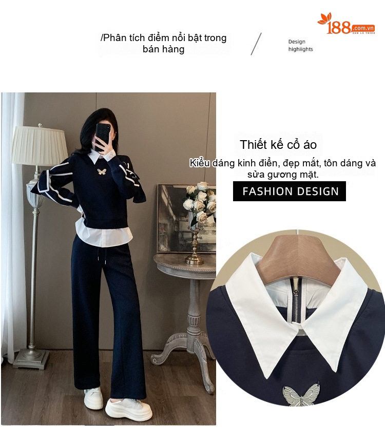 Set bộ áo giả hai lớp quần ống rộng dáng thể thao nữ chi tiết 2