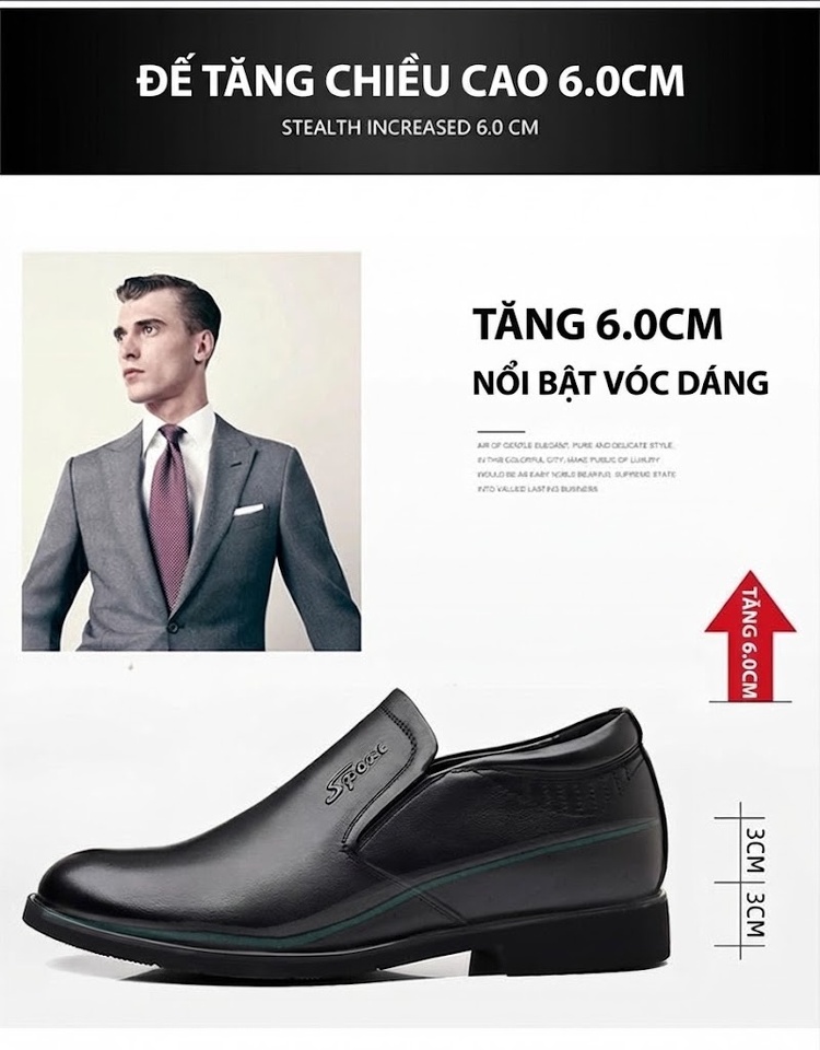 Giày Lười Nam Da Bò Chiều Cao Đế Khoảng 6cm Màu Đen chi tiết 2