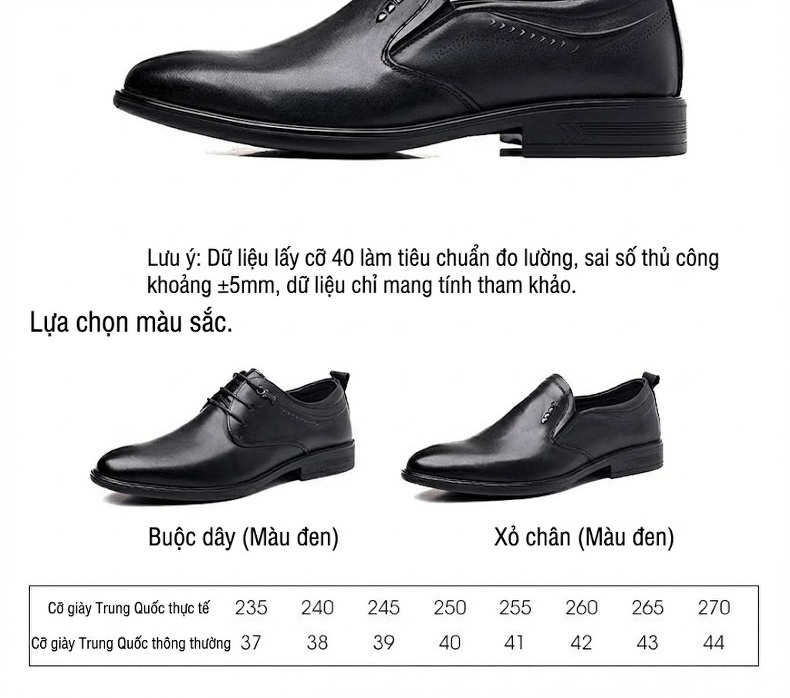 Giày Lười Nam Da Bò Mũi Nhọn Chiều Cao Đế Khoảng 3cm Màu Đen chi tiết 9