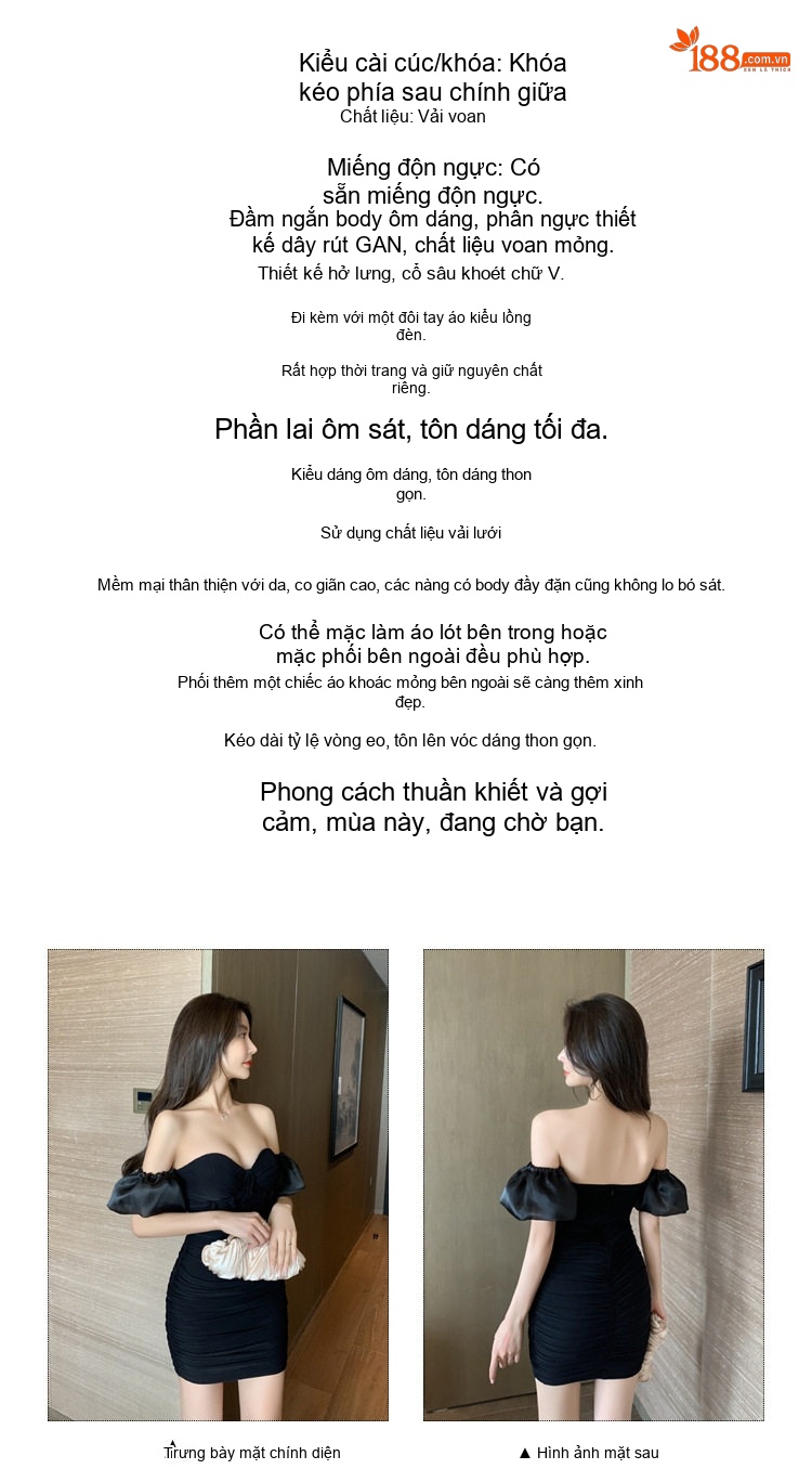Váy Ôm Body Hở Vai Cổ Chữ U Tay Bồng Xẻ Lưng Dáng Ngắn Màu Đen chi tiết 3
