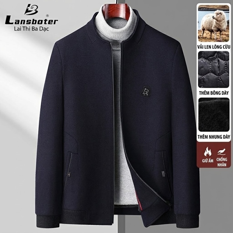 Áo Khoác Nam Cổ Trụ Lót Lông Cừu Mùa Thu Đông Màu Đen, Xanh Navy, Xám