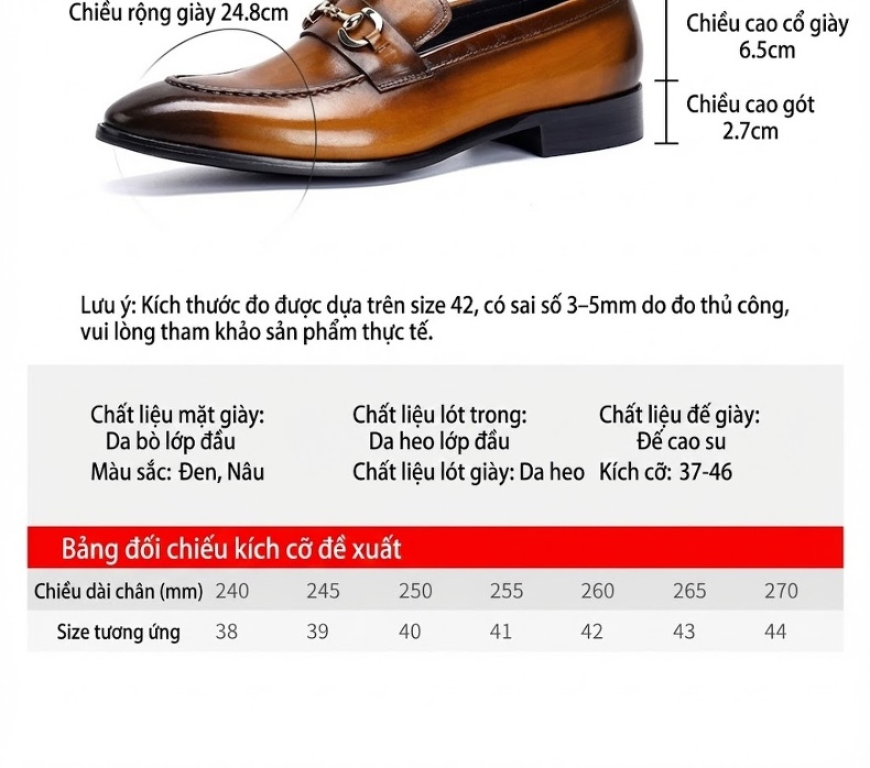 Giày Lười Nam Da Bò Thời Trang Công Sở Chiều Cao Đế Khoảng 3cm Màu Nâu, Đen chi tiết 9