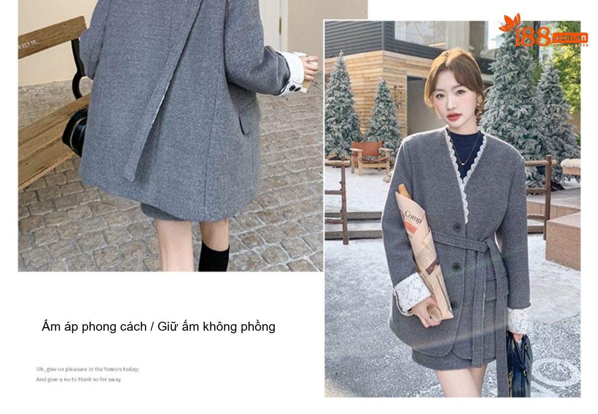 Bộ Áo Blazer Quần Short Nữ Vải Lông Cừu Phong Cách Tiểu Thư Hàn Quốc Lót Lông Vũ Dày Dặn Màu Xám chi tiết 10