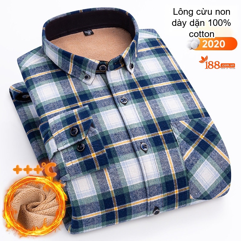 Áo Sơ Mi Nam Ca Rô Lông Cừu Non Cotton Dày Dặn Giữ Ấm Màu Đen, Đỏ, Xanh Dương, Xanh Lá...