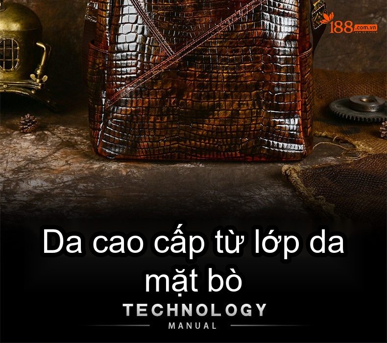 Balo Da Bò Nam Vintage Anh Quốc Vân Cá Sấu Lớn Đựng Laptop Du Lịch chi tiết 2