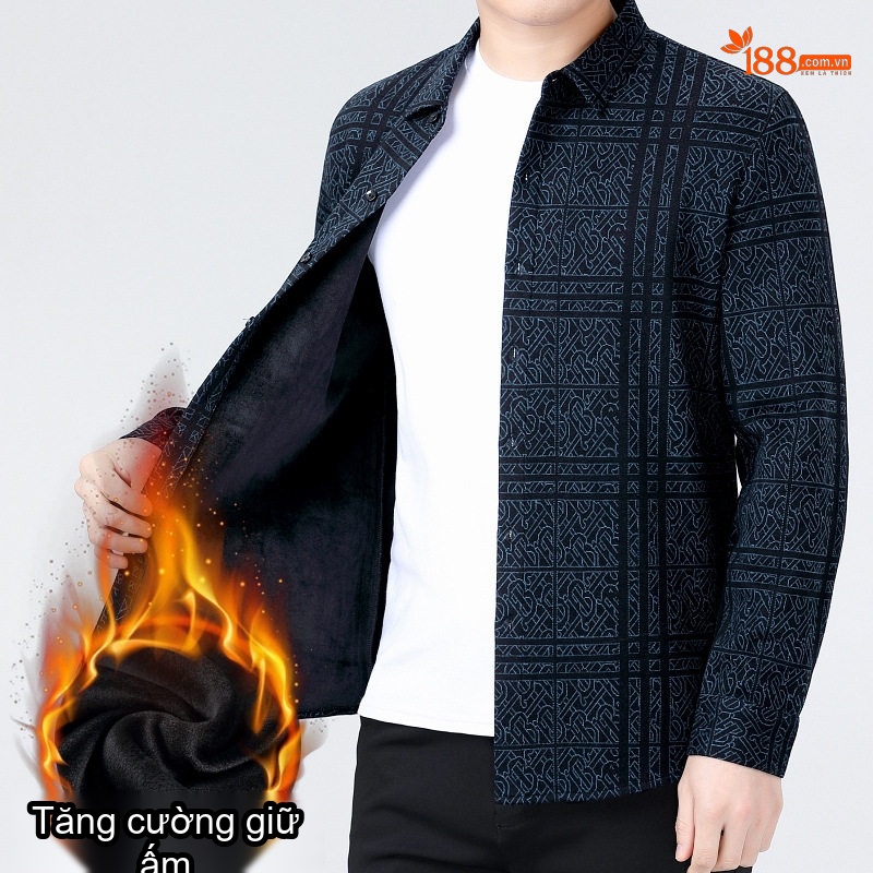 Áo Sơ Mi Nam Lót Lông Cừu Giữ Ấm Dáng Suông Màu Đen