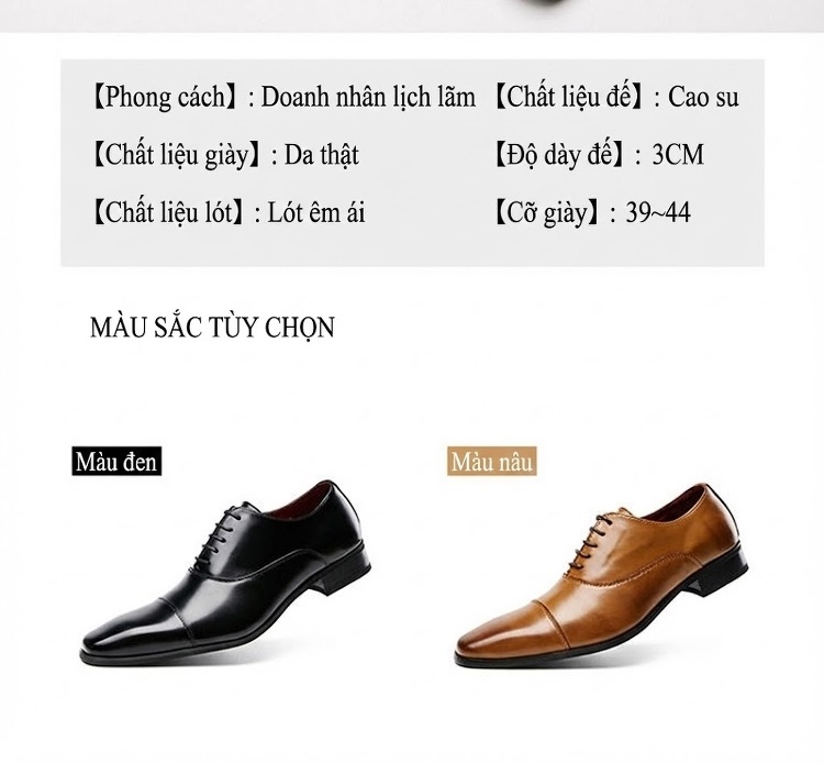 Giày Tây Buộc Dây Nam Da Thật Chiều Cao Đế Khoảng 3cm Màu Đen, Nâu chi tiết 8