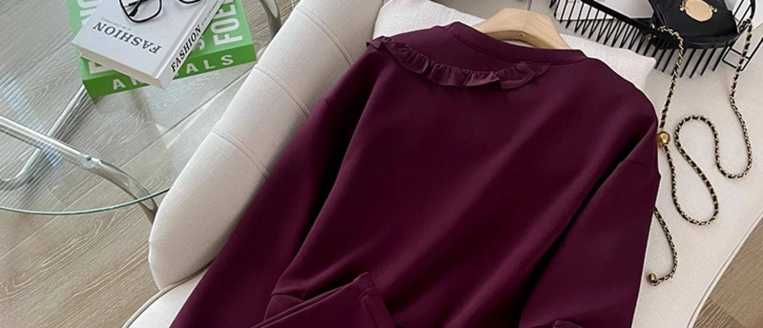 Set Bộ Quần Áo Nữ Thiết Kế Sang Trọng Áo Dài Tay Quần Ống Rộng Phong Cách Thời Trang Màu Đỏ Rượu Vang chi tiết 5