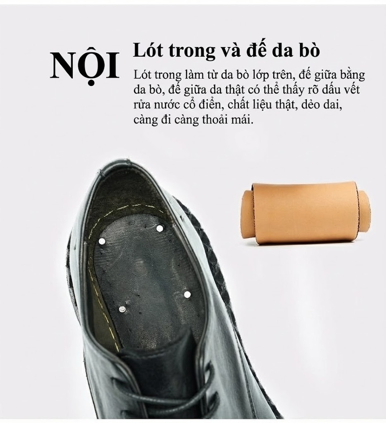 Giày Tây Buộc Dây Nam Da Thật Đế Bằng Chiều Cao Đế Khoảng 4cm Màu Đen, Nâu Đỏ chi tiết 7