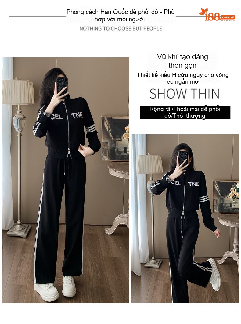 Bộ Áo Khoác Nữ Dáng Ngắn Khóa Kéo Phối Sọc Quần Ống Rộng Lưng Cao Màu Đen chi tiết 5