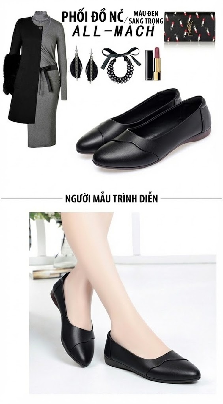 Giày Búp Bê Nữ Da Mềm Đế Mềm Thoải Mái Chiều Cao Đế Khoảng 1cm Màu Kem, Đen, Nâu chi tiết 5