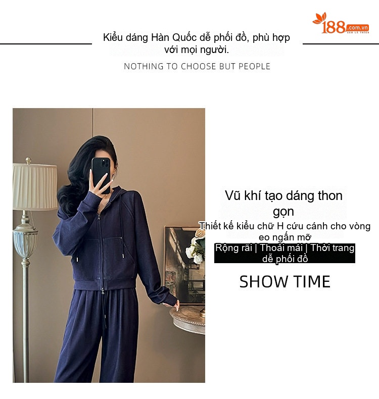 Bộ Đồ Thể Thao Nữ Áo Khoác Hoodie Dây Kéo Quần Ống Rộng Màu Đỏ Rượu Vang, Xanh Navy chi tiết 3