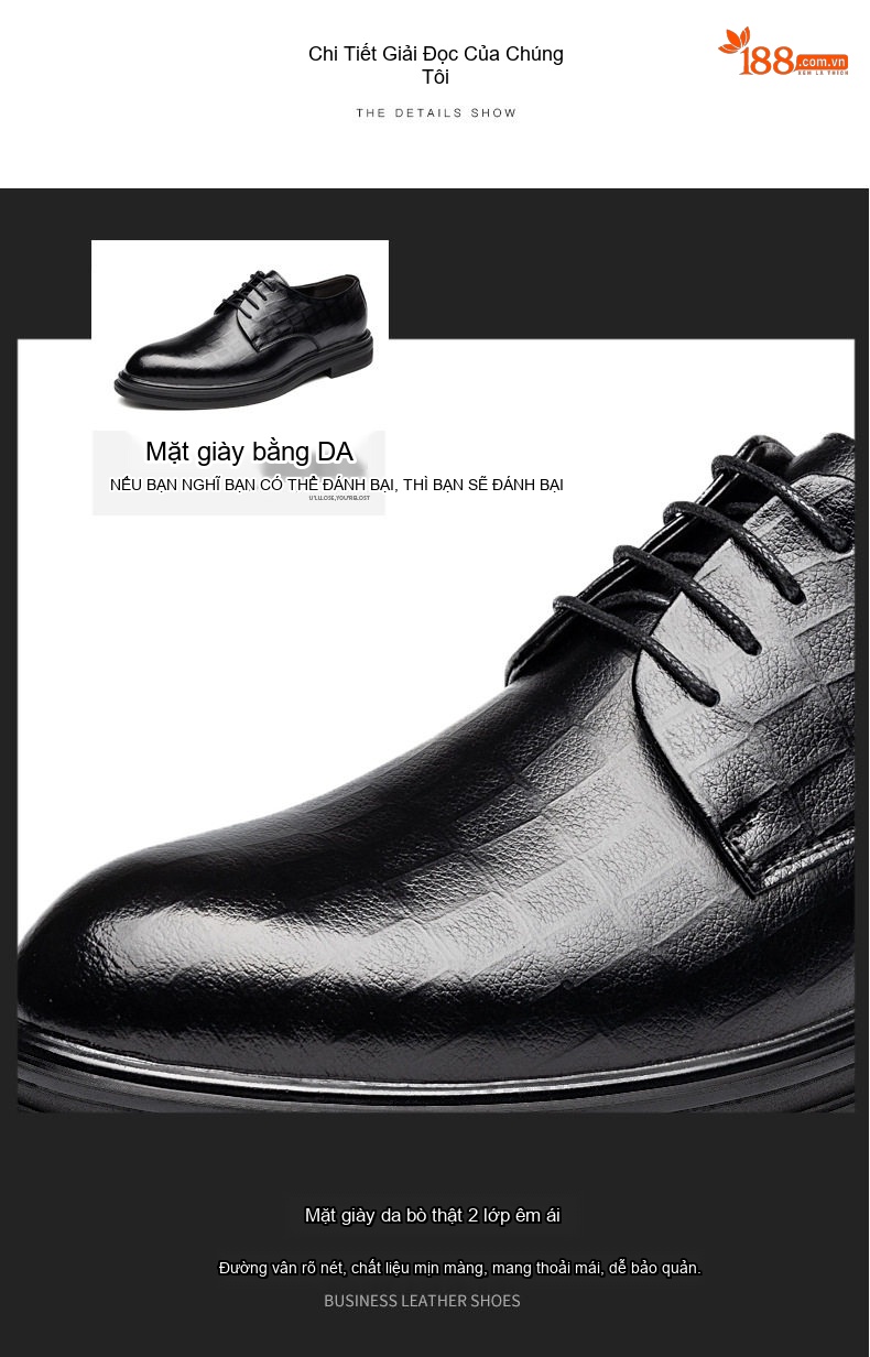Giày Tây Buộc Dây Nam Da Bò Chiều Cao Đế 6cm Màu Đen chi tiết 7